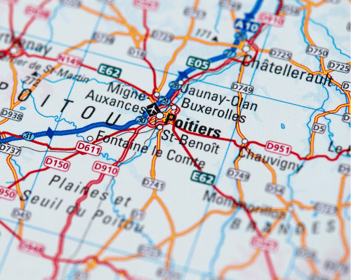 carte routière centrée sur Poitiers